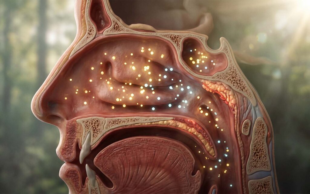 Wissenschaftliche Illustration eines Kopf-Querschnitts, der die Produktion von leuchtenden NO-Partikeln in den Nasennebenhöhlen zeigt.