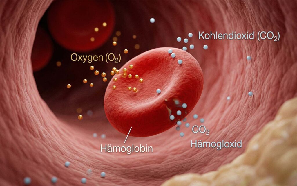 Mikroskopische Ansicht eines roten Blutkörperchens (Hämoglobin), das Sauerstoffteilchen abgibt, während es Kohlendioxid bindet.