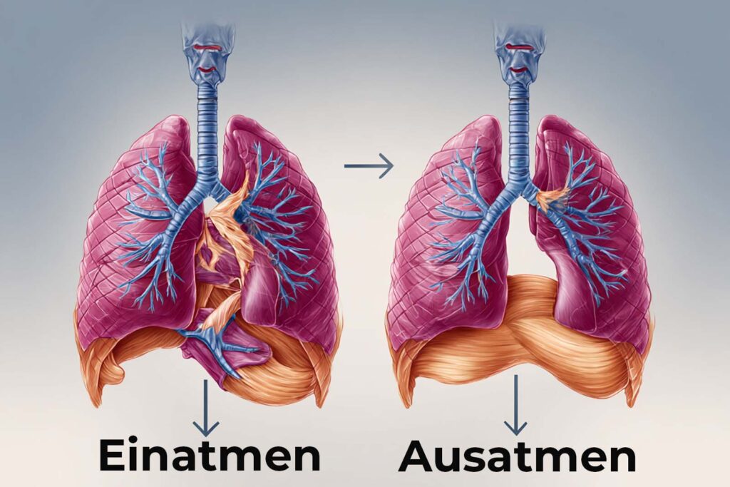 Anatomischer Querschnitt des Brustkorbs zur Illustration der Zwerchfell-Funktion. Zeigt die Kontraktion nach unten beim Einatmen und die elastische Entspannung nach oben beim Ausatmen.