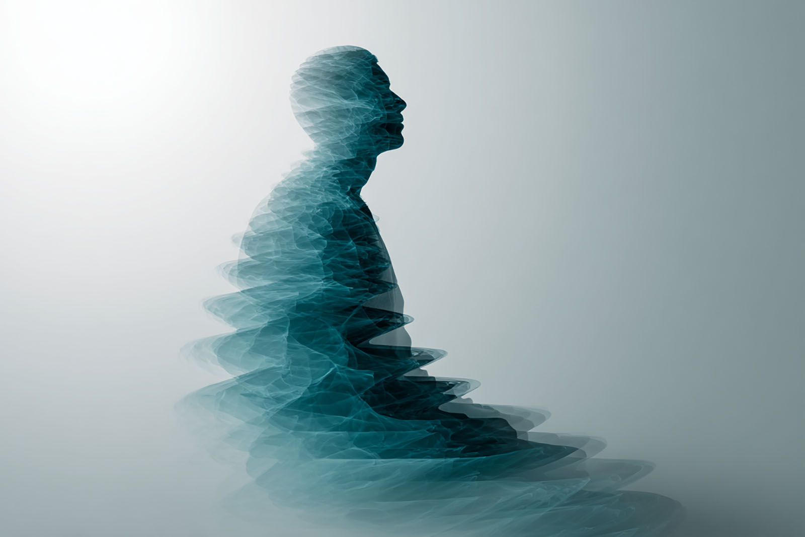 Ästhetische menschliche Silhouette im Profil, gefüllt mit blauer Spirale aus Lichtnebel, symbolisiert Atemenergie und Ruhe.