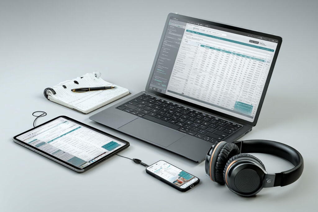 Modernes Digitalprodukt-Mockup, zeigend Laptop, Tablet und Smartphone mit Seiten des 'Respiratory Baseline Audit' (RBA) Protokolls (Checklisten und Tabellen) sowie professionelle Kopfhörer für den Audio-Guide.