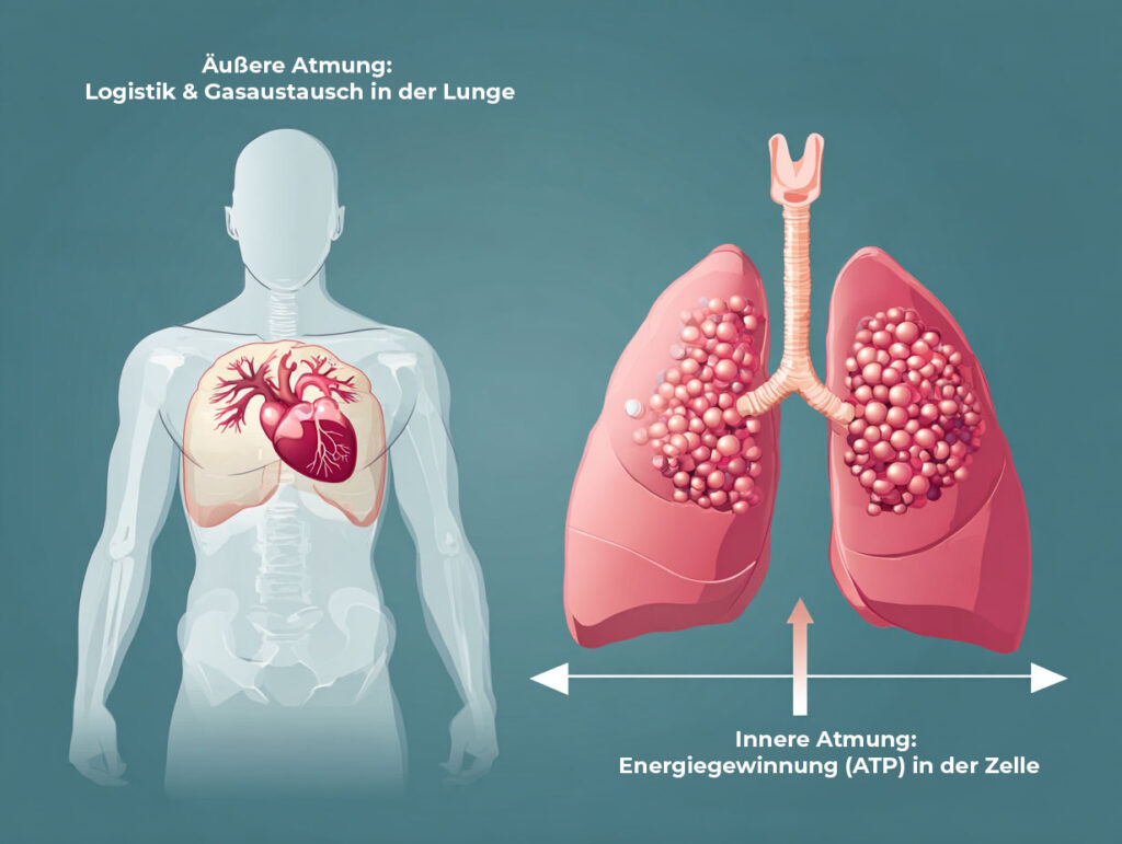 Wissenschaftliche Infografik vergleicht Äußere Atmung (Gasaustausch Lunge) und Innere Atmung (Zellatmung in Mitochondrien zur ATP-Gewinnung).