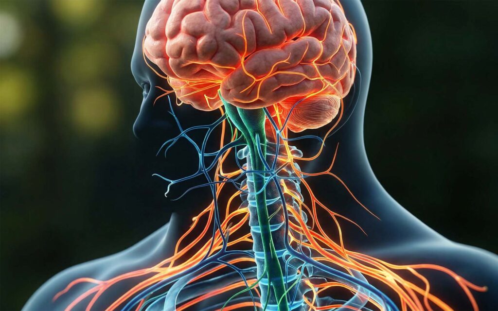 Anatomische Darstellung des Gehirns und des Vagusnervs; beruhigende Blau-Grün-Töne für Entspannung im Kontrast zu rotem Stress-Netzwerk.