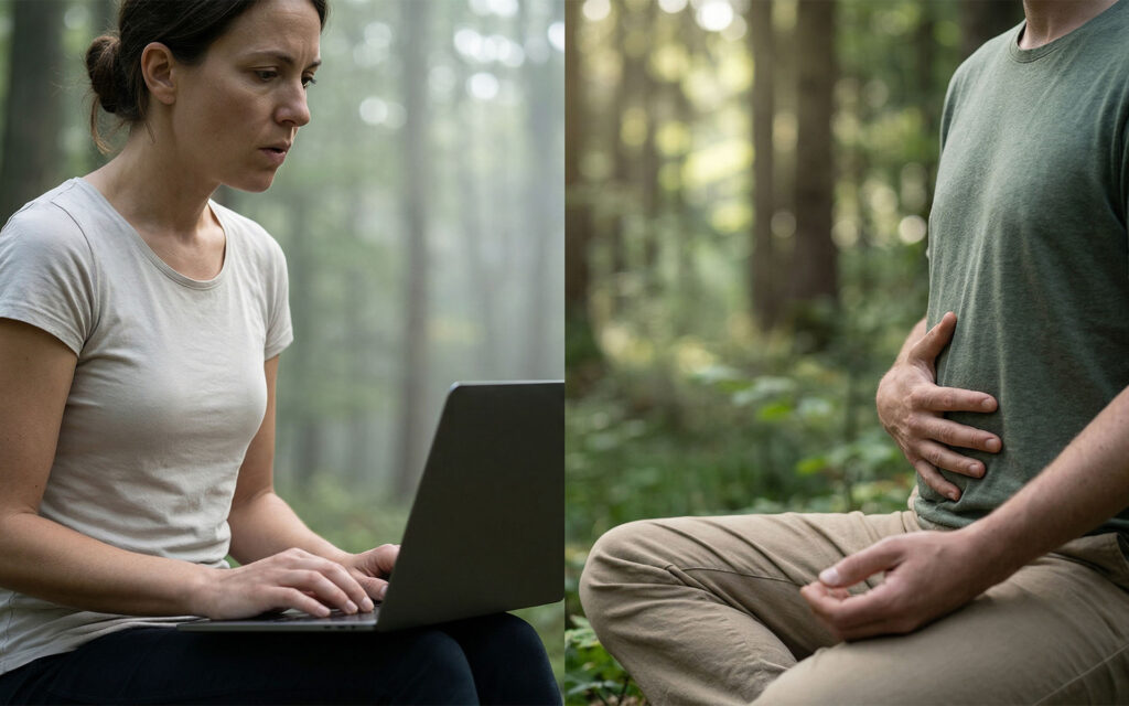 Gegenüberstellung einer Frau mit angespannter Brustatmung am Laptop und einer geerdeten Person mit tiefer Bauchatmung im Wald.
