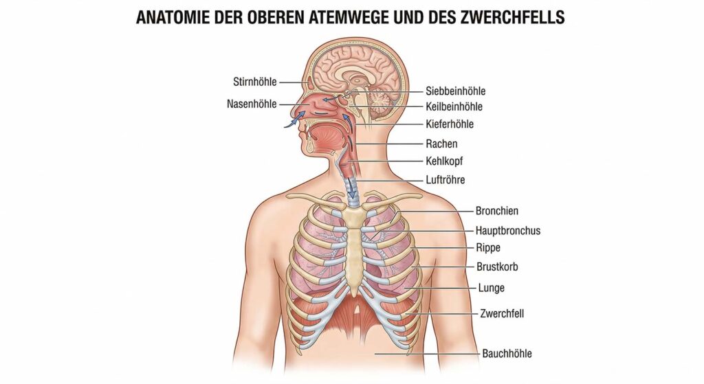 Querschnitt der menschlichen Atemwege mit Markierung von Nasenhöhle, Nebenhöhlen, Luftröhre und dem Zwerchfell.