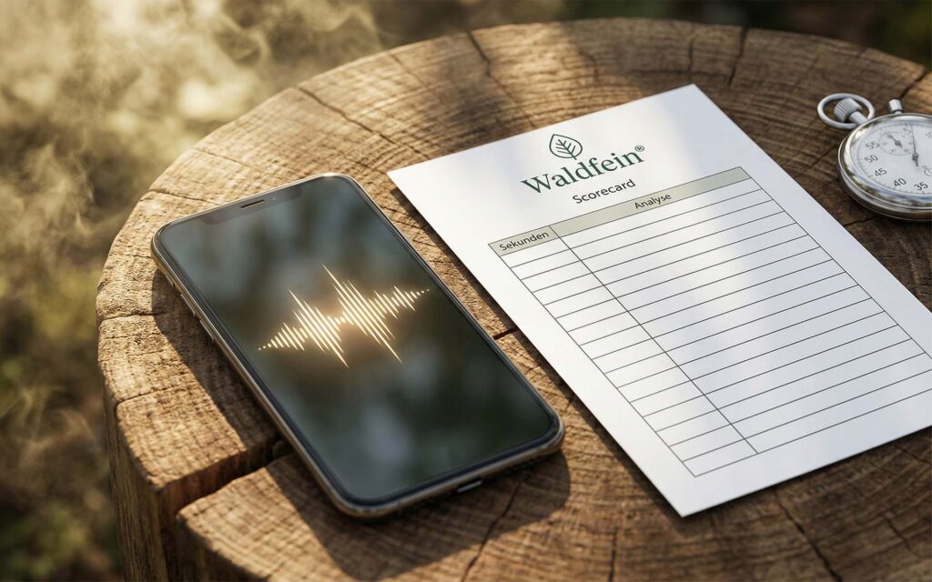 Ein Smartphone mit einer Audiowellen-Grafik neben einer gedruckten Waldfein-Scorecard auf einem natürlichen Holzstumpf.