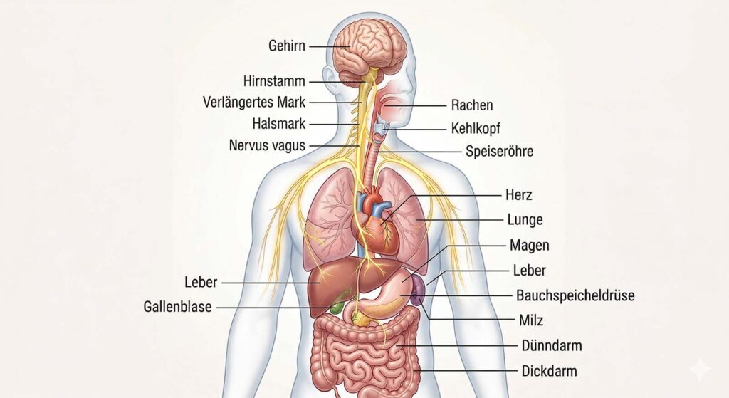Anatomische Darstellung des Verlaufs des Nervus Vagus vom Gehirn über Herz und Lunge bis zu den Bauchorganen.