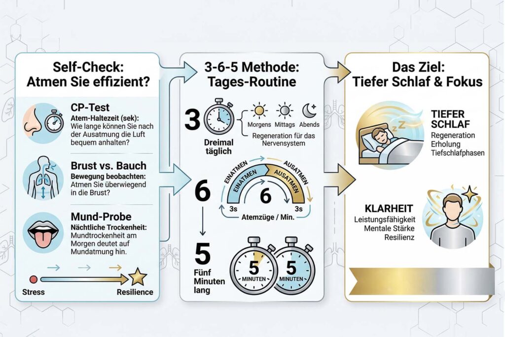 Eine Infografik, die einen dreiteiligen Prozess zeigt: Links ein Selbsttest (CP-Test), in der Mitte die 3-6-5 Methode, rechts das Ziel (Tiefschlaf) mit einem Verweis auf das Experten-Protokoll.