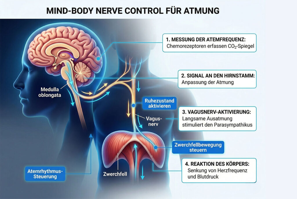 Infografik zur neurobiologischen Steuerung der Atmung über den Vagusnerv und das Gehirn.