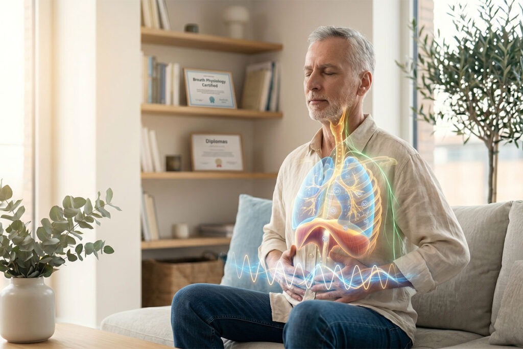 Eine wissenschaftliche Illustration einer Arterie. Nasal eingeatmete Stickstoffmonoxid-Moleküle (NO) diffundieren ins Endothel und bewirken die Weitung der Gefäßmuskulatur. Der Vagusnerv ist im Hintergrund angedeutet.