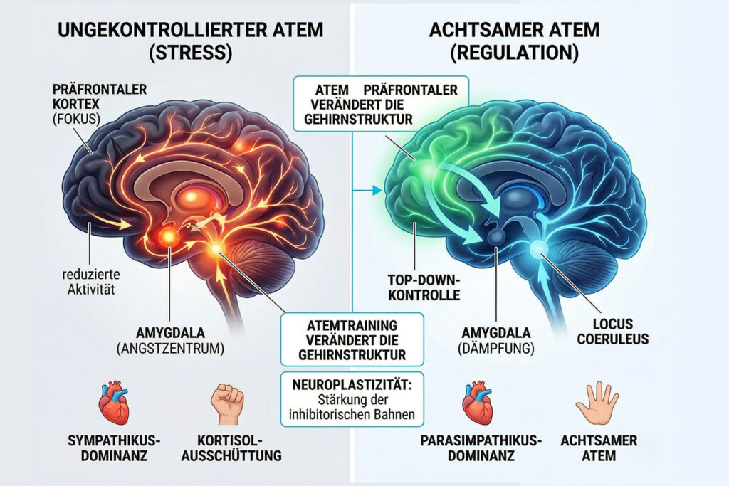 Gehirn-Scan-Illustration zum Vergleich von Amygdala-Aktivität bei Stress und Fokus-Aktivität bei Atemtraining.