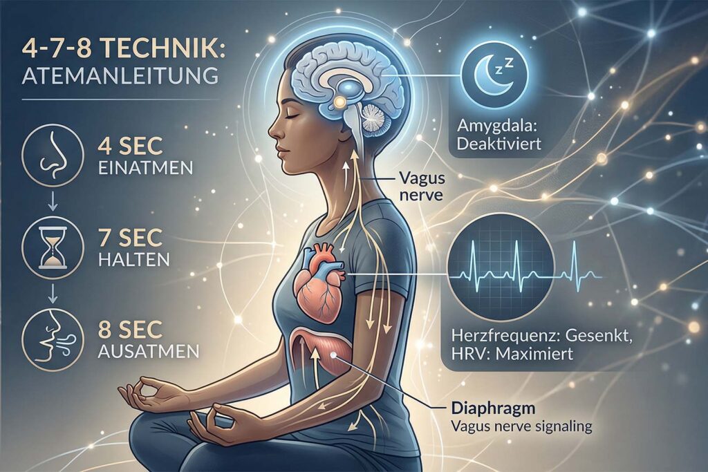 Eine Frau im Profil, Augen geschlossen, übt die 4-7-8 Technik. Gehirn und Herz sind grafisch verbunden, mit Symbolen für Deaktivierung (Amygdala) und Kohärenz (HRV).