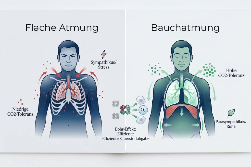 Infografik, die einen tanzenden Mann mit schneller Brustatmung (links) und einen ruhenden Mann mit langsamer Zwerchfellatmung (rechts) vergleicht.
