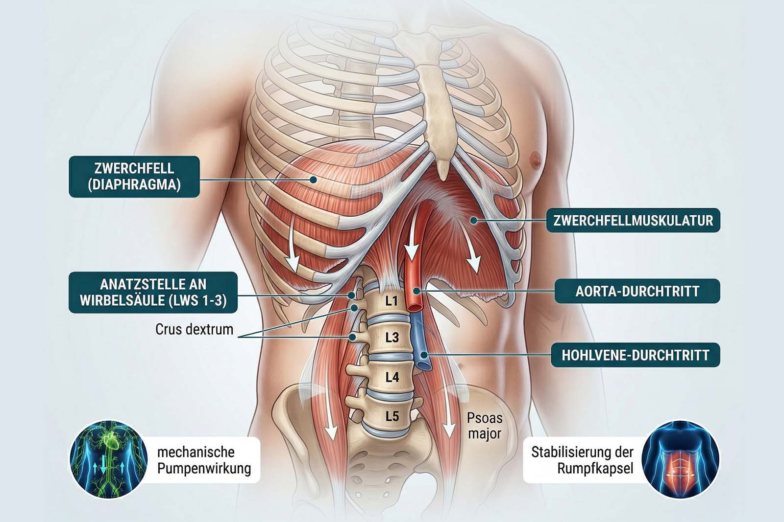Medizinische Illustration des Zwerchfells und seiner Befestigungspunkte an der Lendenwirbelsäule (L1-L3).