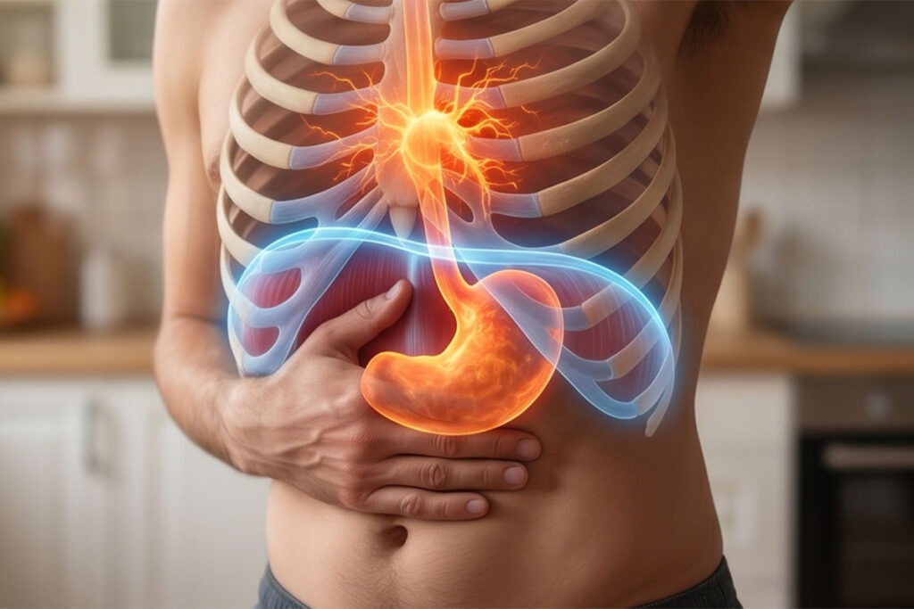 Wenn der Körper die Notbremse zieht: Warum Burnout-Symptome eigentlich Überlebensimpulse sind 3 Anatomische Darstellung eines Torsos mit glühendem Magenbereich und einem blau leuchtenden Spannungsband um das Zwerchfell.