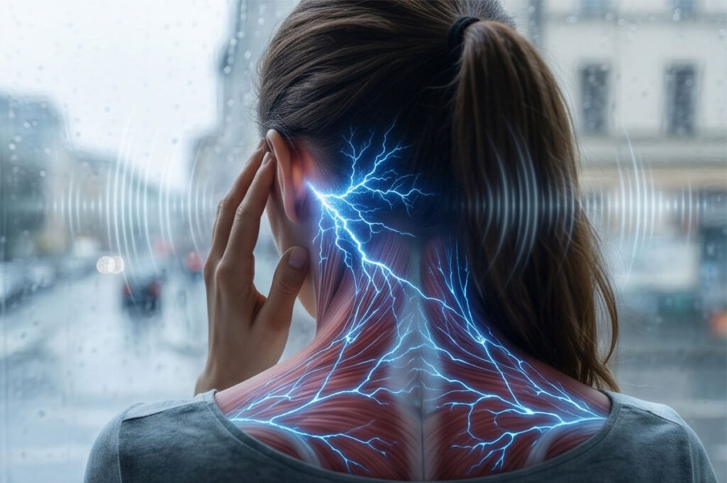 Wenn der Körper die Notbremse zieht: Warum Burnout-Symptome eigentlich Überlebensimpulse sind 2 Nahaufnahme einer Person am Fenster, die den Kopf hält. Leuchtende blaue Nervenbahnen am Nacken und Wellen am Ohr visualisieren Stress-Tinnitus.