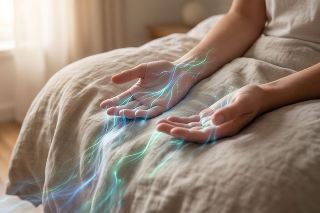 Wenn der Körper die Notbremse zieht: Warum Burnout-Symptome eigentlich Überlebensimpulse sind 4 Ruhige Hände auf hellem Stoff. Sanfte blaue und grüne Lichtströme fließen von den Fingern weg und visualisieren Entspannung und Loslassen.
