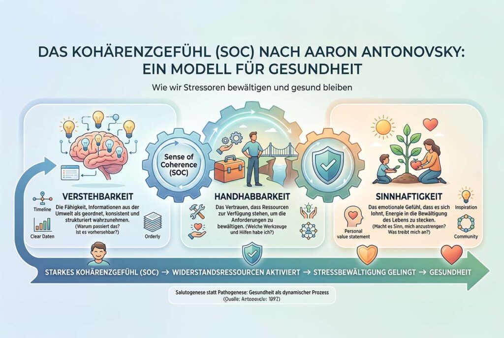 Ausgebrannt oder falsch eingestellt? Wie Sie Ihre biologische Lebensenergie wissenschaftlich fundiert zurückholen 2 Schaubild zum SOC-Modell von Aaron Antonovsky mit den drei Kernbereichen Verstehbarkeit, Handhabbarkeit und Sinnhaftigkeit in einem dynamischen Gesundheits-Prozess.