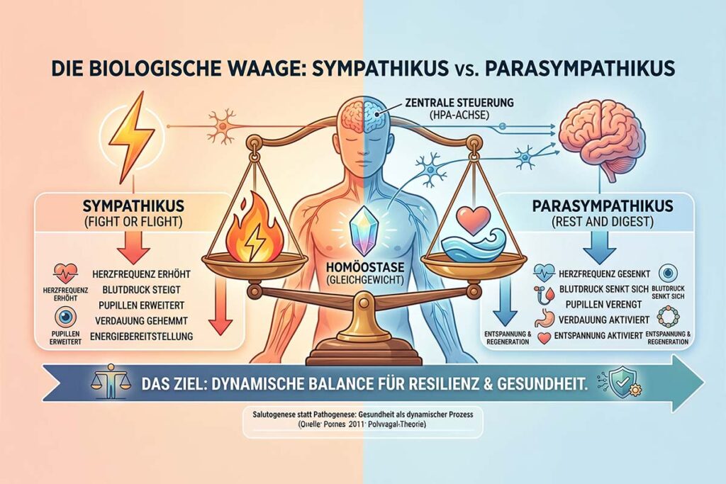 Ausgebrannt oder falsch eingestellt? Wie Sie Ihre biologische Lebensenergie wissenschaftlich fundiert zurückholen 3 Diagramm einer Waage, die das autonome Nervensystem zeigt: Links der Sympathikus (aktiviert bei Stress), rechts der Parasympathikus (aktiviert bei Ruhe und Akzeptanz).