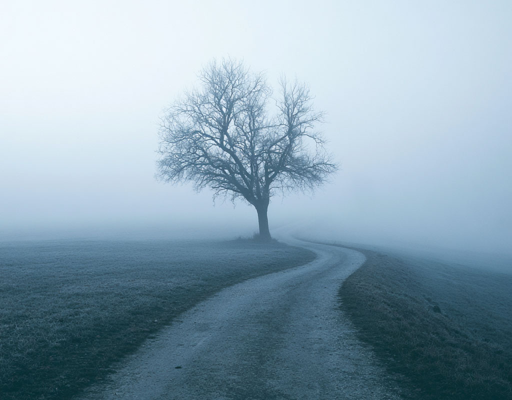 Ein nebliger Waldweg, der sich im Hintergrund verzweigt und im fahlen Licht verliert.