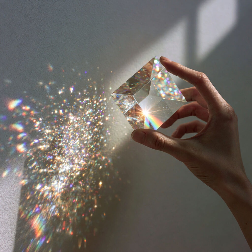 Nahaufnahme einer Hand, die ein Glasprisma in einen Sonnenstrahl hält und tanzende Regenbogen-Lichtpunkte an eine leere Wand wirft.