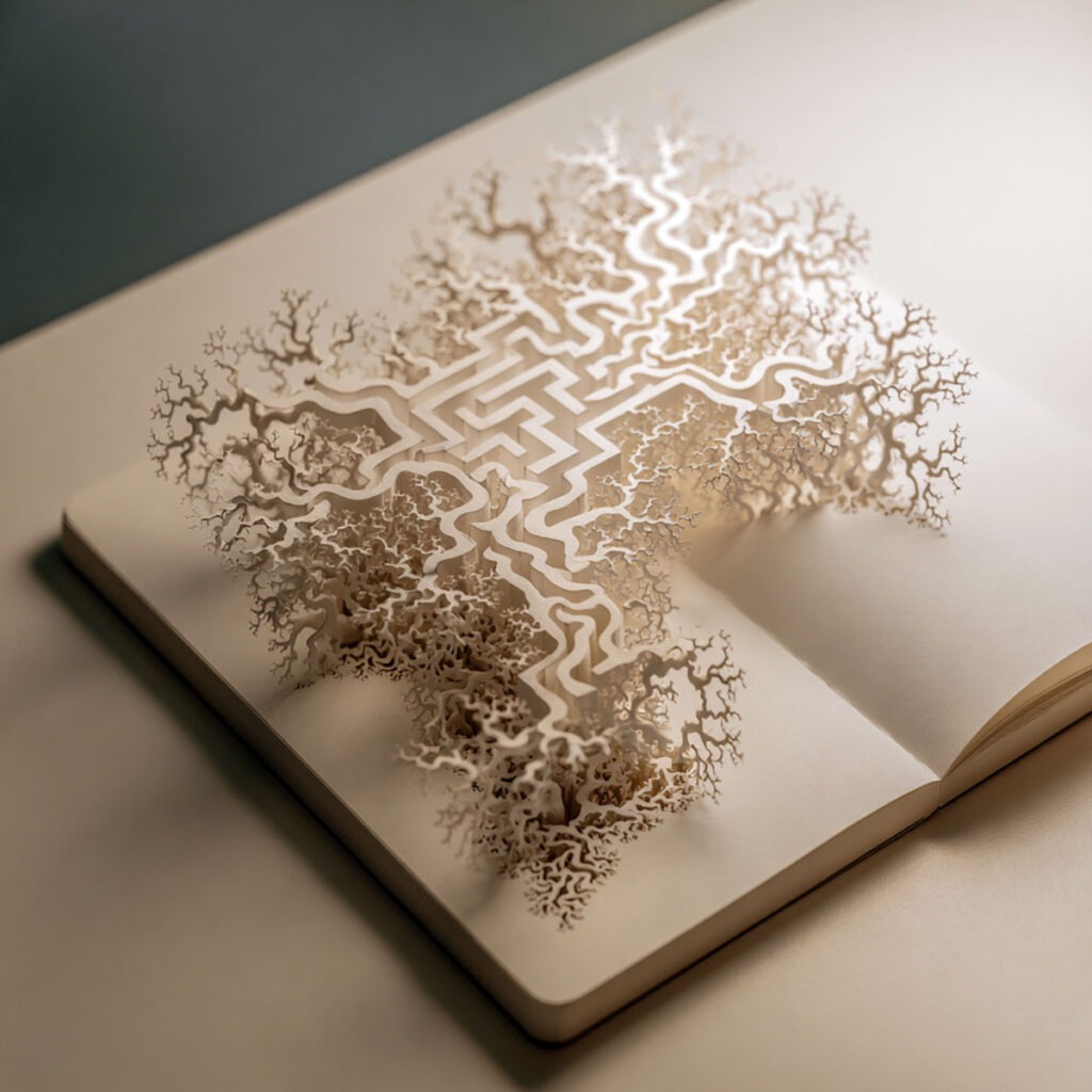Ein aufgeschlagenes Notizbuch auf einem minimalistischen Schreibtisch, aus dem sich eine filigrane Papierskulptur in Form eines Labyrinths entfaltet.