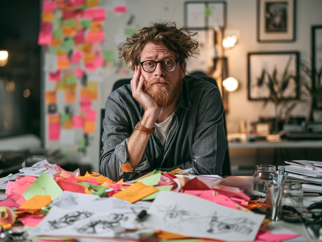 Wenn der Funke überspringt, aber das Feuer erlischt: Vom Schmerz verpasster Chancen und der Angst vor der eigenen Erwartung 2 Nachdenklicher Mann an einem Schreibtisch voller bunten Post-its und Skizzen als Symbol für Überforderung