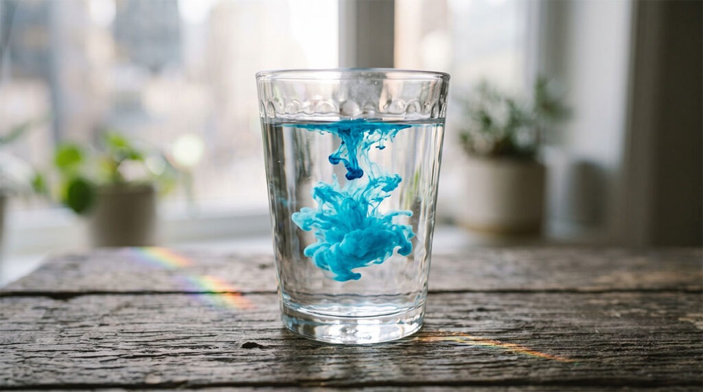 Ein Glas klares Wasser, in dem sich ein Tropfen cyanblauer Farbe wolkenartig ausbreitet.