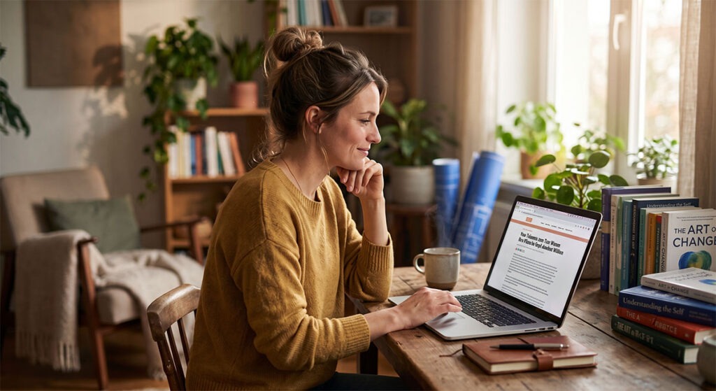 Eine Frau in einem gelben Pullover sitzt nachdenklich vor einem Laptop in einem Raum voller Bücher und Pflanzen