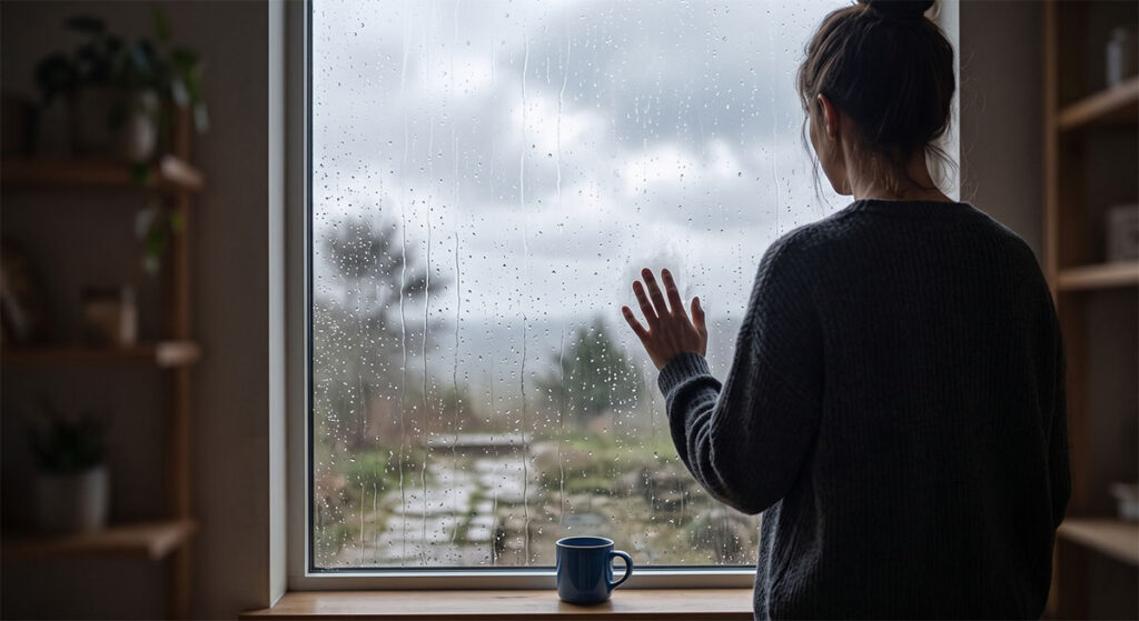 Wenn Neues Angst macht: Wie Sie Anpassungsschwierigkeiten liebevoll meistern 3 Silhouette einer Person, die von hinten fotografiert an einem verregneten Fenster steht und nachdenklich in den Himmel blickt.