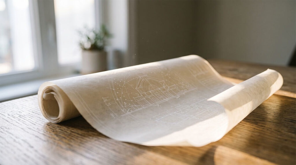 Ein aufgerolltes, transparentes Skizzenpapier mit feinen Architekturzeichnungen liegt im Sonnenlicht auf einem Eichentisch.