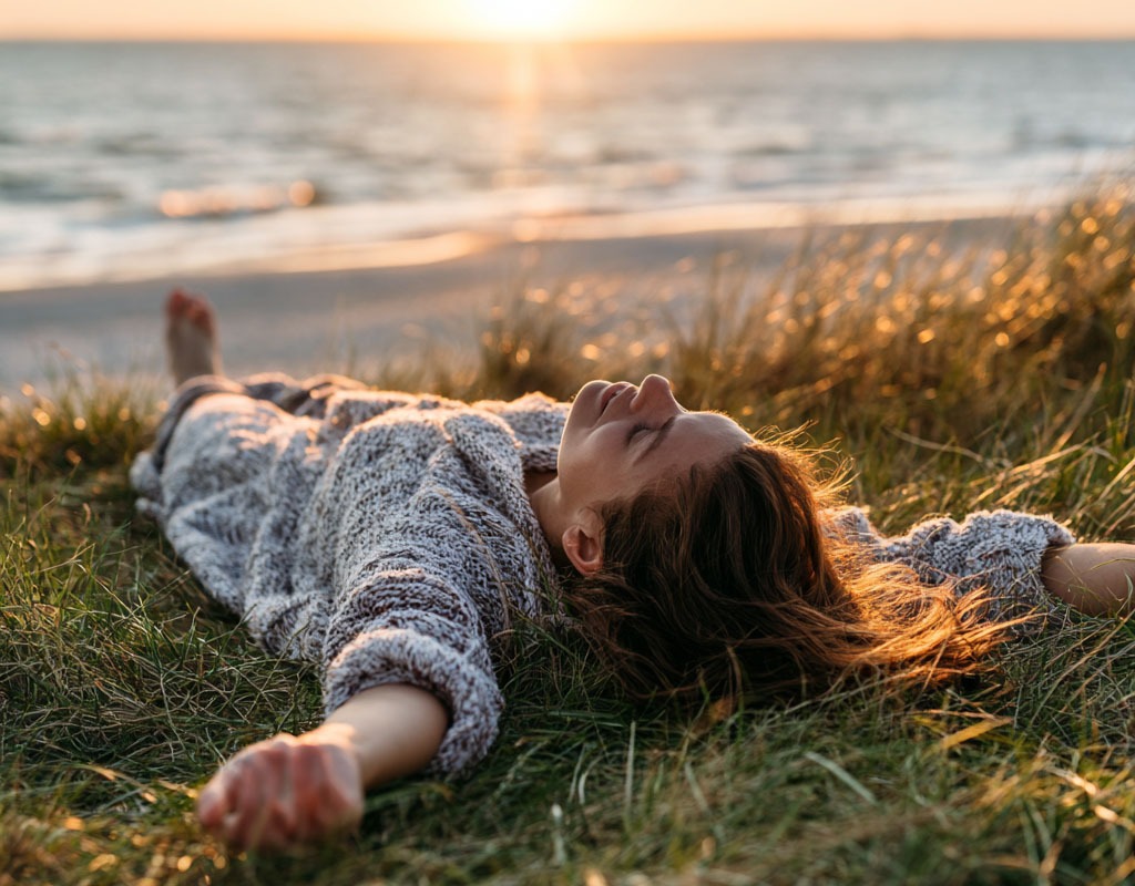 Unflexibles Verhalten ablegen: Warum wir oft so starr reagieren 4 Eine Person steht mit ausgebreiteten Armen auf einem sonnigen Hügel, blickt befreit in die Weite und atmet tief ein.