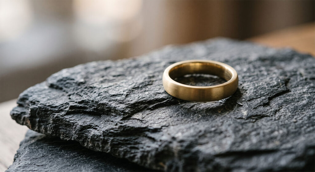 Ein schlichter, eleganter goldener Ring liegt als Symbol für den inneren Kern auf einer dunklen, rauen Natursteinplatte.