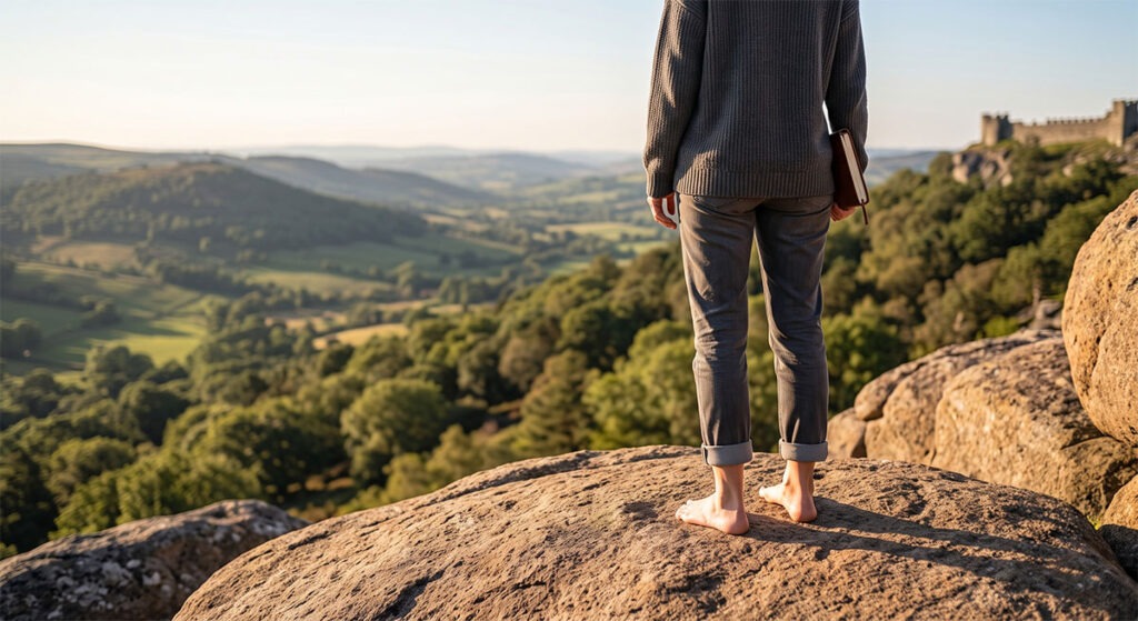 Wenn Neues Angst macht: Wie Sie Anpassungsschwierigkeiten liebevoll meistern 4 Eine barfüßige Person steht mit aufrechter Körperhaltung und leicht erhobenem Kopf auf einem massiven, warmen Felsen im Sonnenlicht.