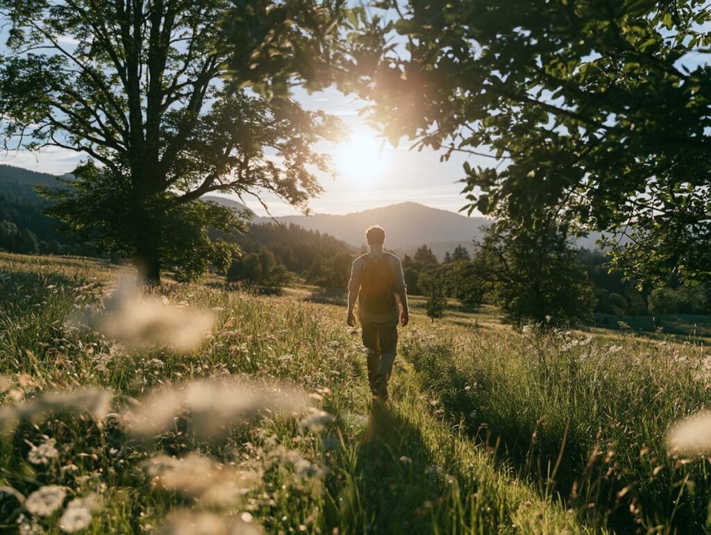 Warum uns manche Worte so schwer über die Lippen kommen: Die Kunst, Konflikte friedlich und mutig anzusprechen 4 Entspannte Person geht einen Weg in der Natur entlang als Symbol für innere Freiheit und gelöste Blockaden