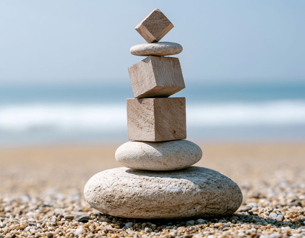 Unflexibles Verhalten ablegen: Warum wir oft so starr reagieren 2 Minimalistische Komposition von perfekt ausgerichteten, glatten grauen Kieselsteinen, die in einer geraden Linie auf hellem, feinkörnigem Sand liegen.