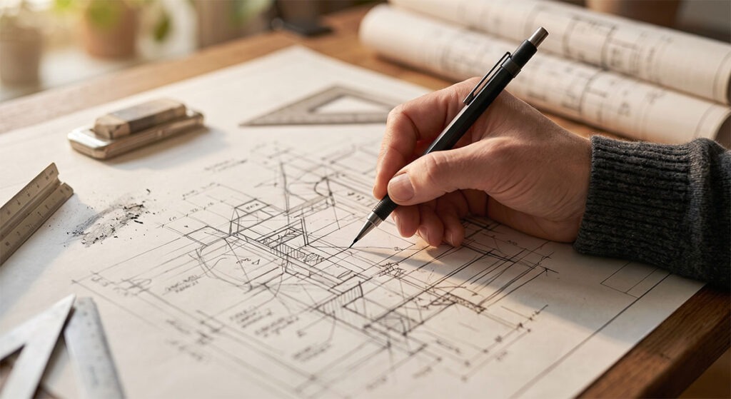 Eine Nahaufnahme einer Hand, die einen Bleistift hält und auf off-white technischem Papier eine geometrische Skizze zeichnet, die viele sichtbare Radierspuren und Korrekturlinien zeigt.