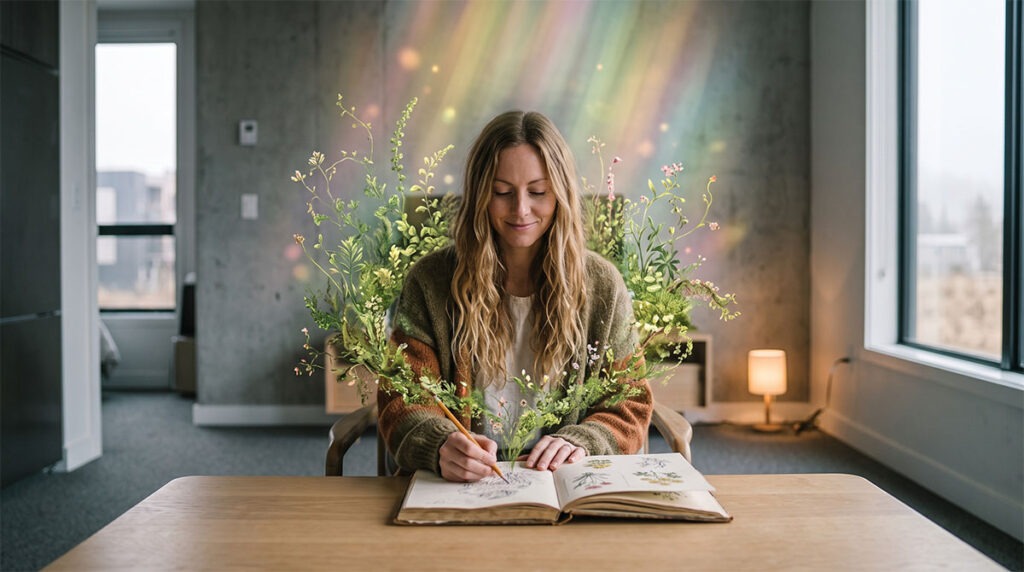 Die Stärke der Zarten: Wenn Aufrichtigkeit auf feine Widerstandskraft trifft 3 Eine lächelnde Frau zeichnet an einem Tisch, während aus ihrem Notizbuch metaphorisch zarte grüne Pflanzen und sanftes Licht wachsen.