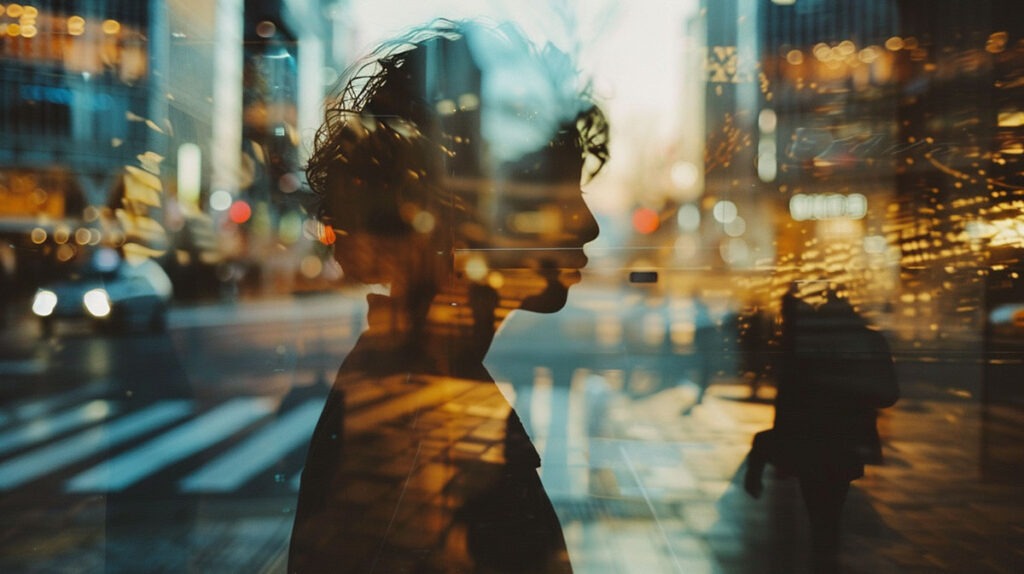 Wenn der Schmerz leise bleibt: Warum nicht gelebte Trauer uns schleichend die Lebensfreude raubt 2 Künstlerische Doppelbelichtung einer Person in der Stadt, deren ruhige Silhouette sich im Schaufenster spiegelt.