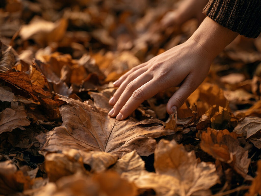 Detailaufnahme einer Hand, die sanft durch trockenes, goldenes Herbstlaub streift