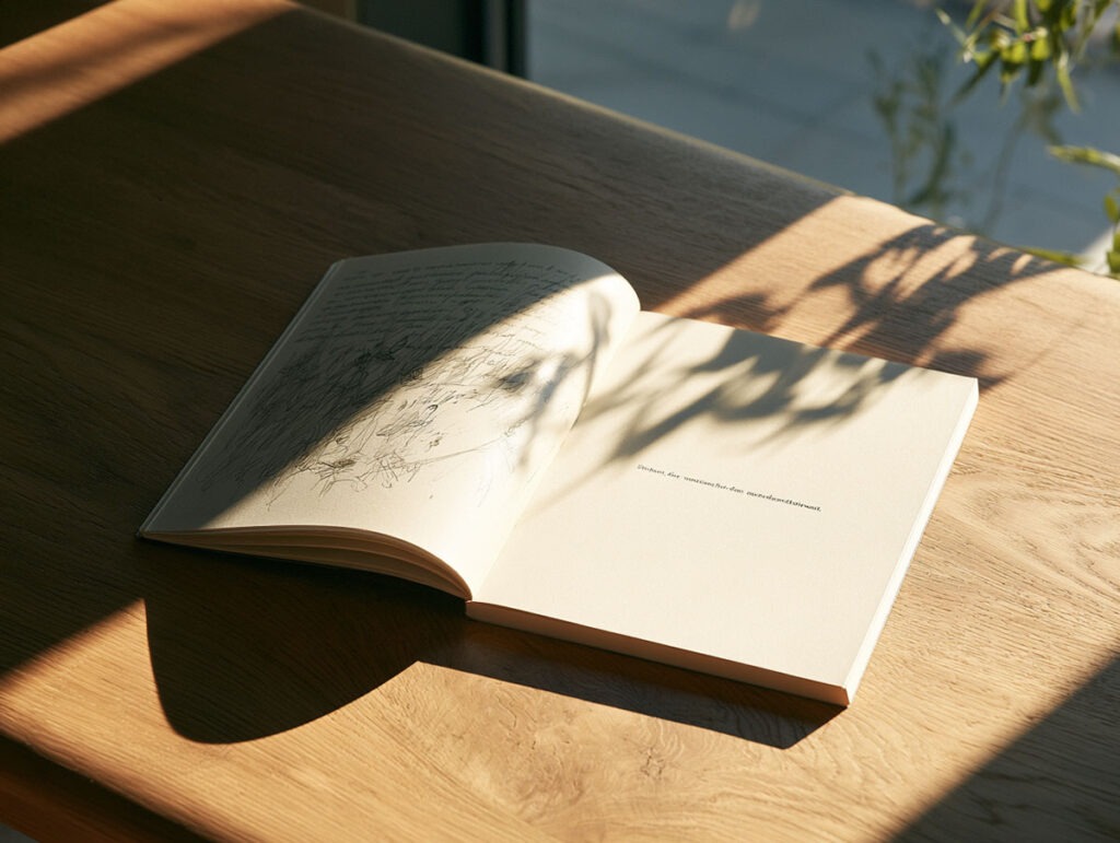 Die Kunst der inneren Freiheit: Warum manche Menschen mühelos loslassen können 3 Aufgeschlagenes Notizbuch auf Holzschreibtisch mit skizzierten Zeilen links und einem klaren Satz rechts im Sonnenlicht.