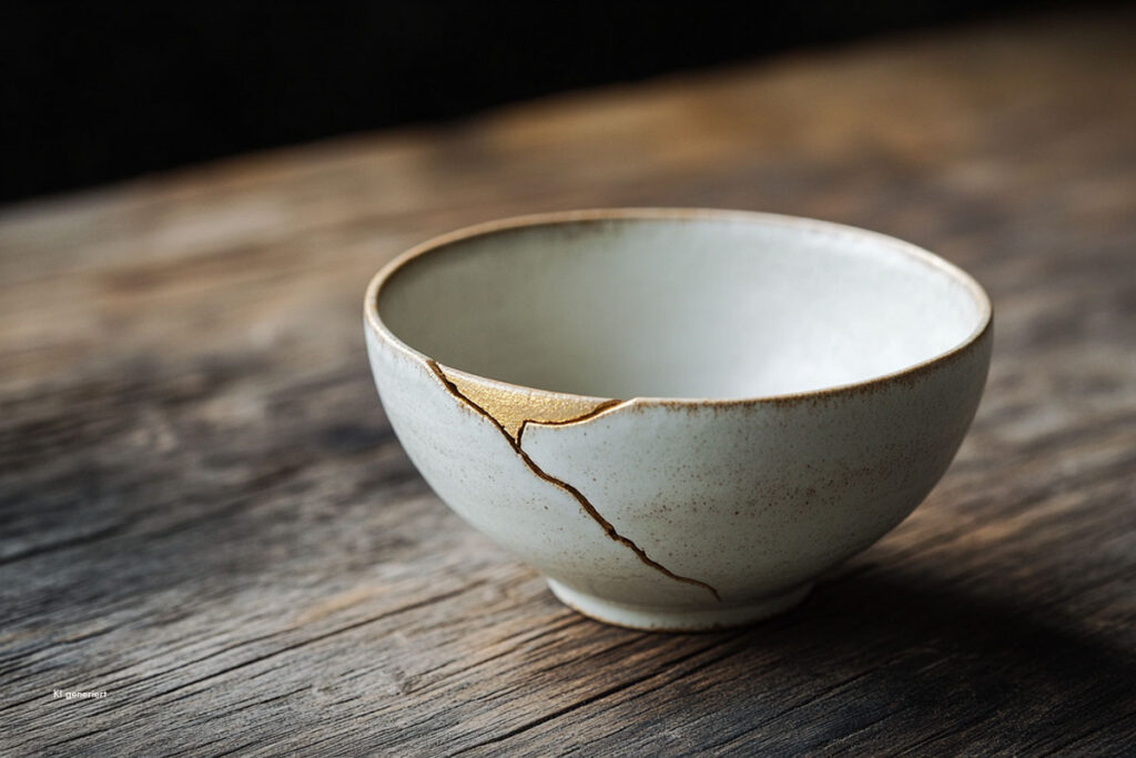 Wenn Perfektion erschöpft: Der Weg aus der übersteigerten Selbstanforderung 4 Handgefertigte Keramikschale mit feiner goldener Kintsugi-Reparaturlinie auf rustikalem Eichentisch