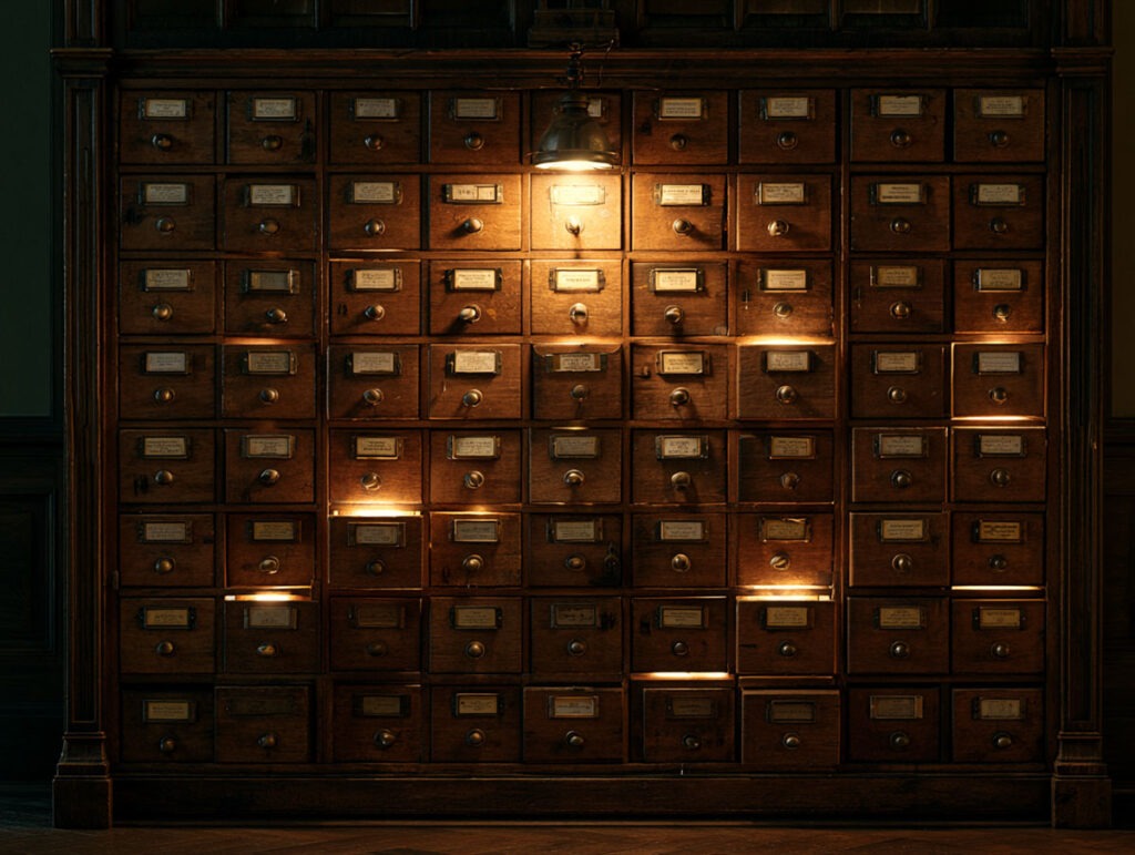 Ästhetischer Holz-Katalogschrank mit kleinen Schubladen, aus denen sanftes Licht erstrahlt.