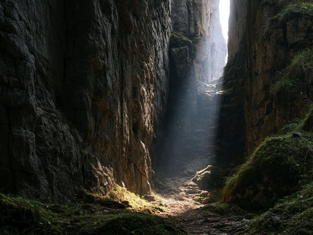 Ein heller Lichtstrahl bricht durch einen Spalt in einer dunklen Steinmauer und erhellt den Weg.