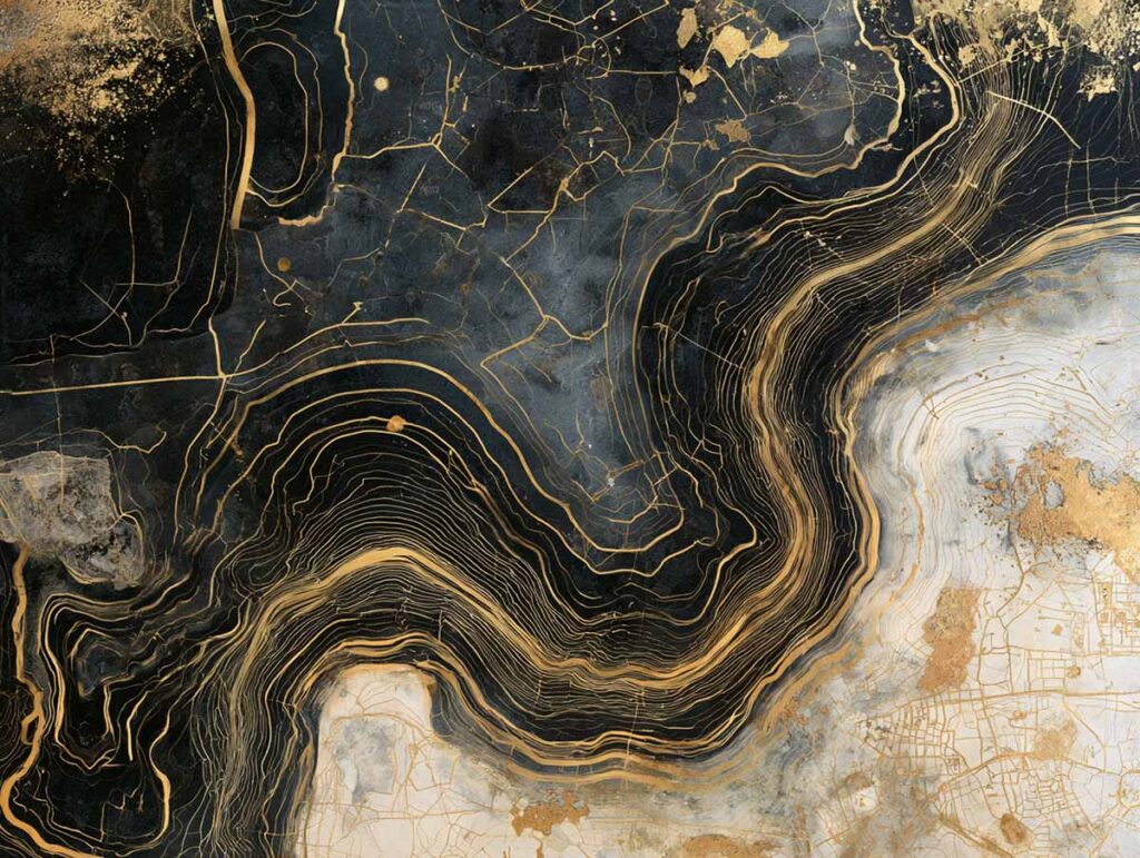 Moderne abstrakte Kunst-Landkarte mit eleganten goldenen Linien zur Orientierung.