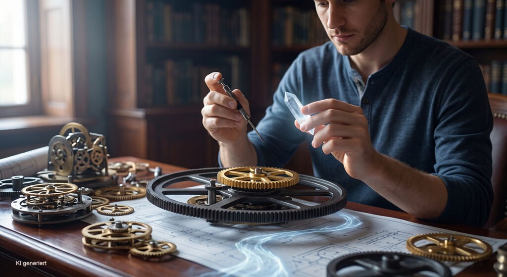 Hände halten ein mechanisches Messinguhrwerk, in dem ein blau leuchtender Kristall als Symbol für feinsinnige Gedankenblockaden eingesetzt ist