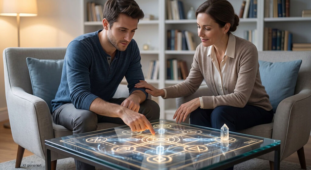 Klient und Psychotherapeutin analysieren gemeinsam ein leuchtendes geometrisches Modell auf einem Couchtisch