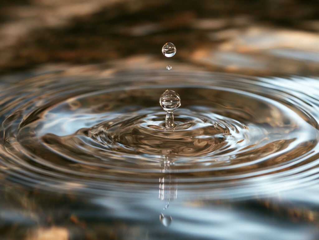Makroaufnahme von kreisförmigen Wasserwellen, die durch einen einzelnen Tropfen ausgelöst werden.