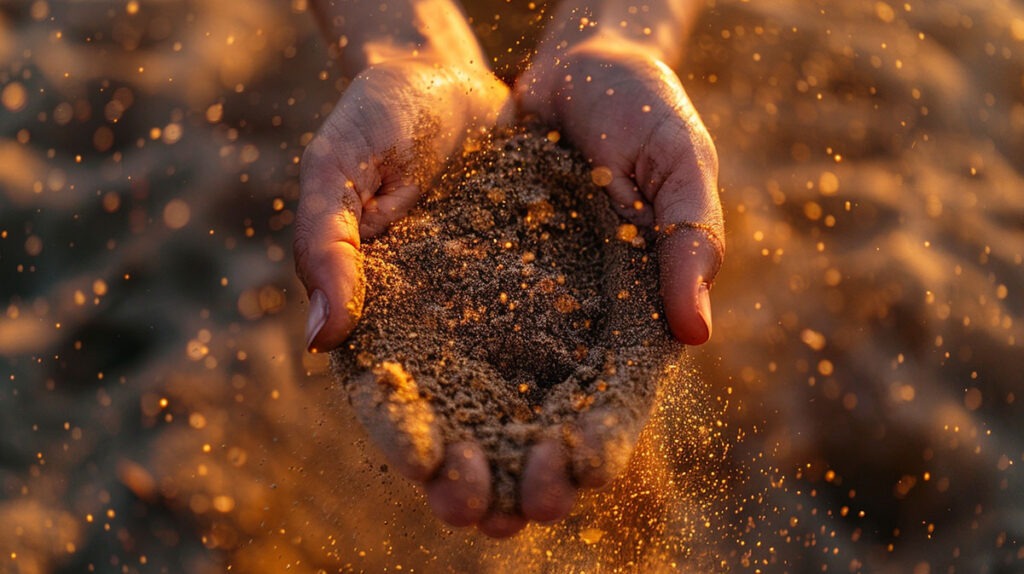 Wenn der Schmerz leise bleibt: Warum nicht gelebte Trauer uns schleichend die Lebensfreude raubt 3 Nahaufnahme von Händen, die feinen Sand langsam durch die Finger gleiten lassen.