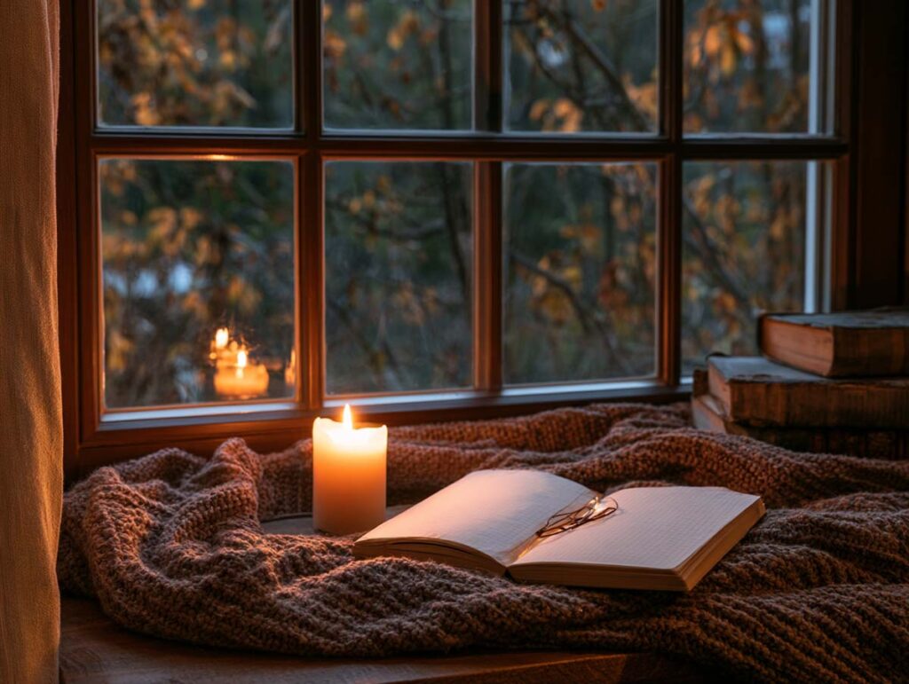 Brennende Kerze und Notizbuch auf einer Decke am Fensterbrett.